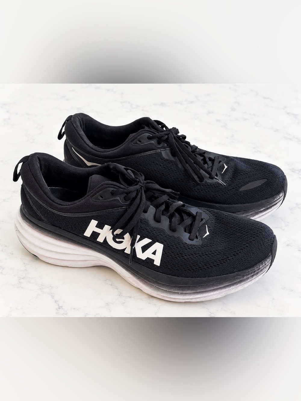 HOKA Bondi 8 Women’s Size 12 B Black White Running Walking Shoes Sneakers